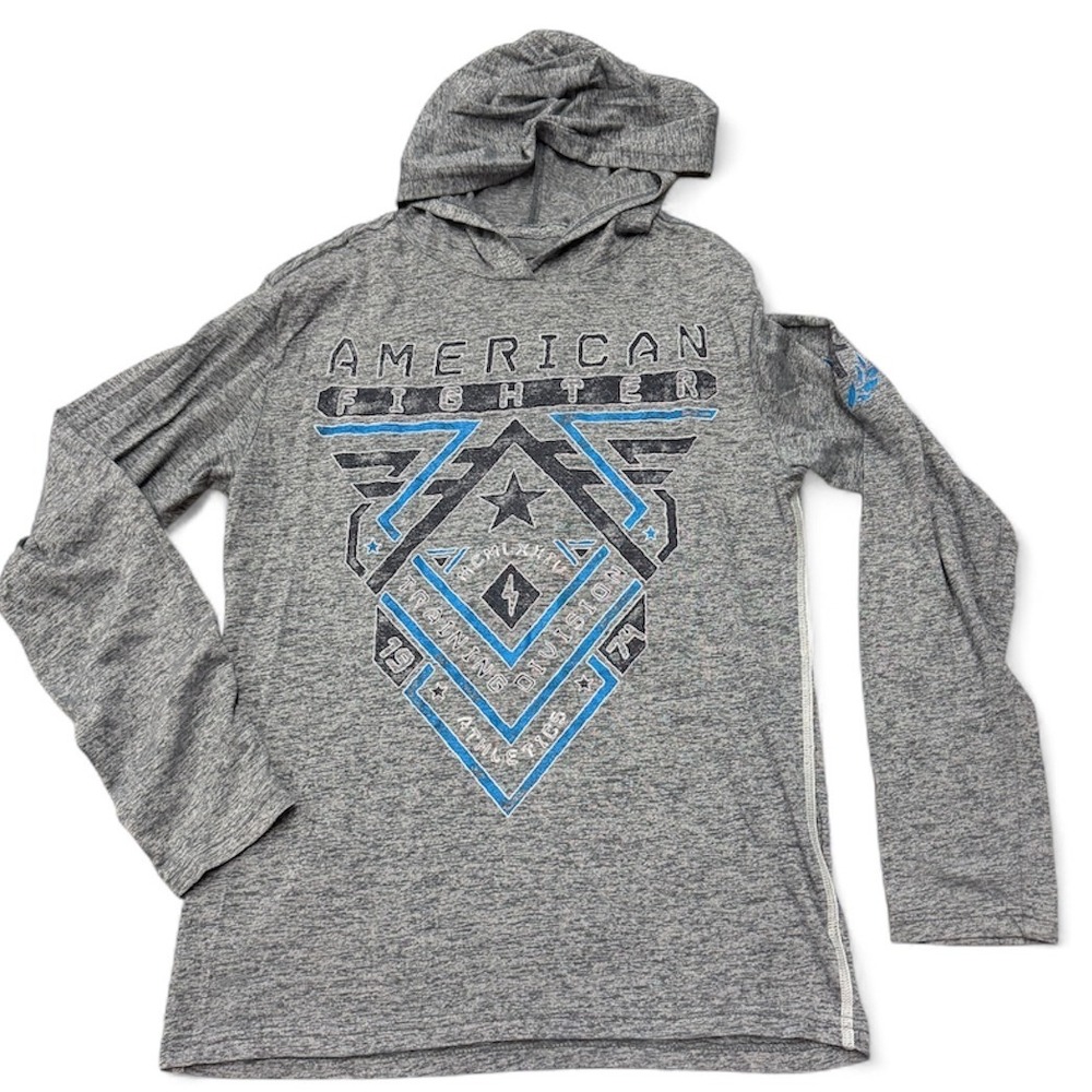 American Fighter Boys Gray Graphic‎ Hoodie T Shirt Long Sleeve Kids Size L